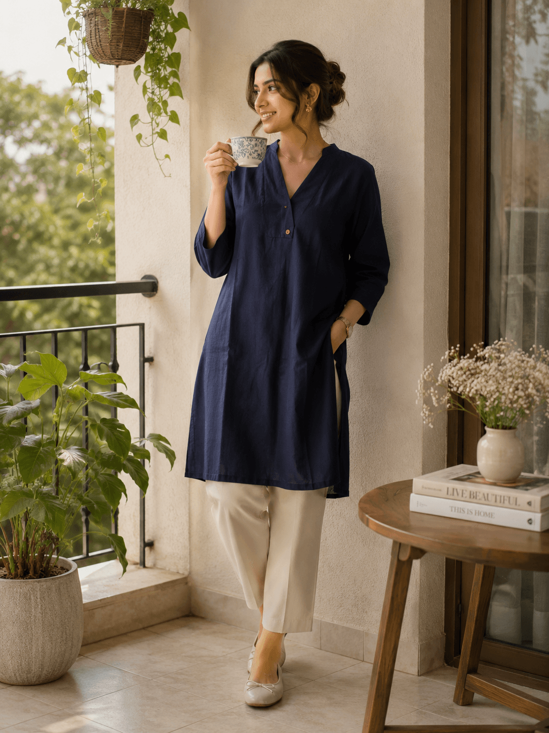 Mamoose Navy Blue Solid Linen-Look Longline Kurta
