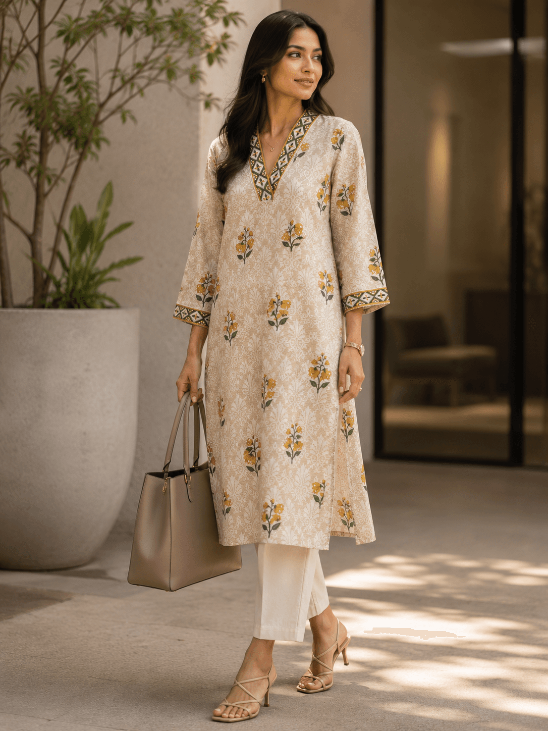 Off-White Mughal Floral Block Print Kurta
