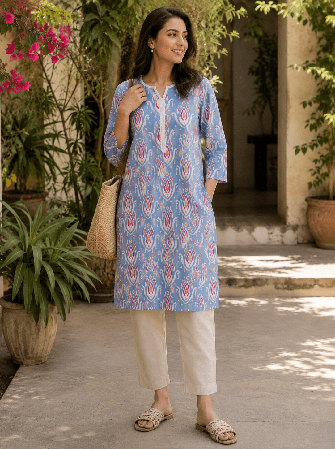 Sky Blue Ikat Print Cotton Kurta