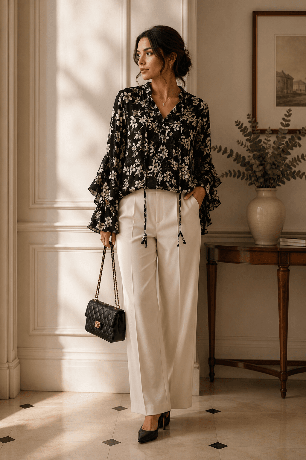 OOrchin Floral Ruffle Bell Sleeve Top