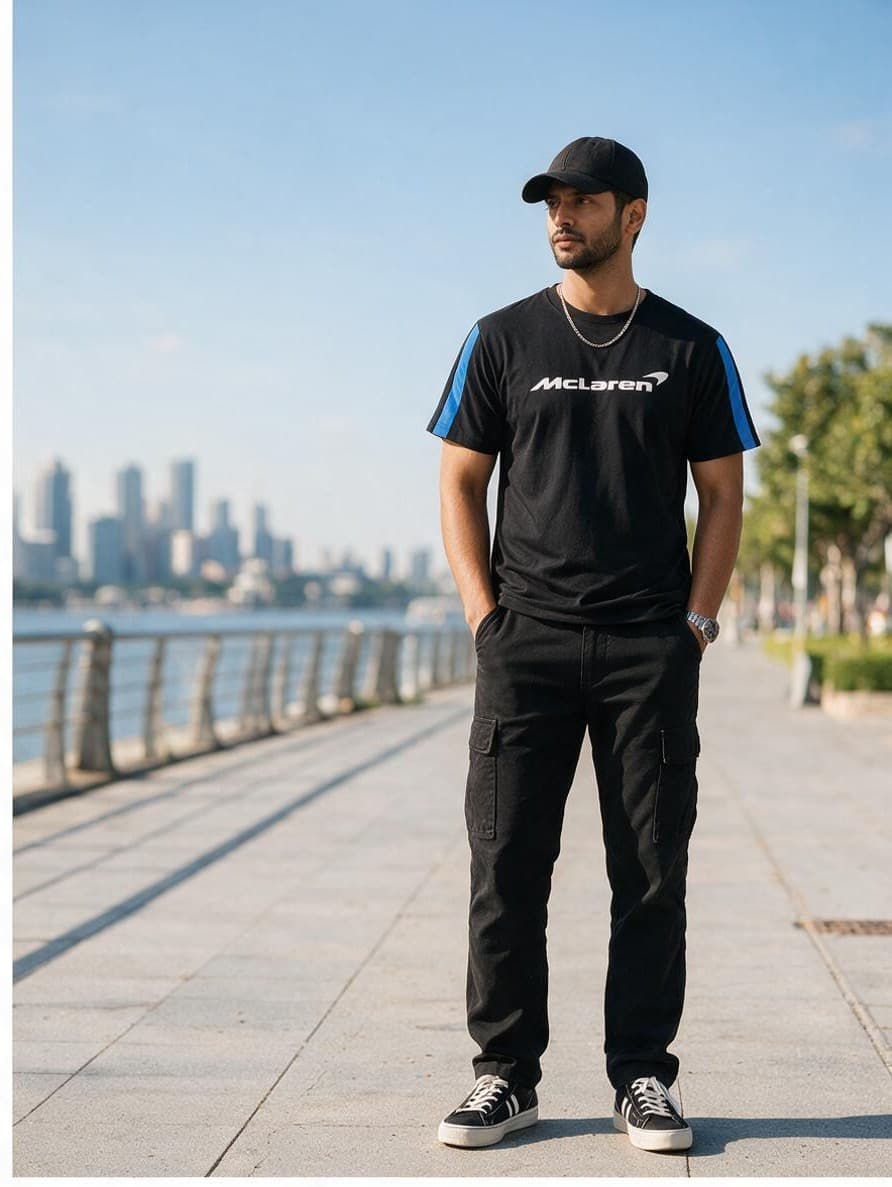 Balluci McLaren-Inspired Racing Tee — Premium Black Cotton Blue Stripe