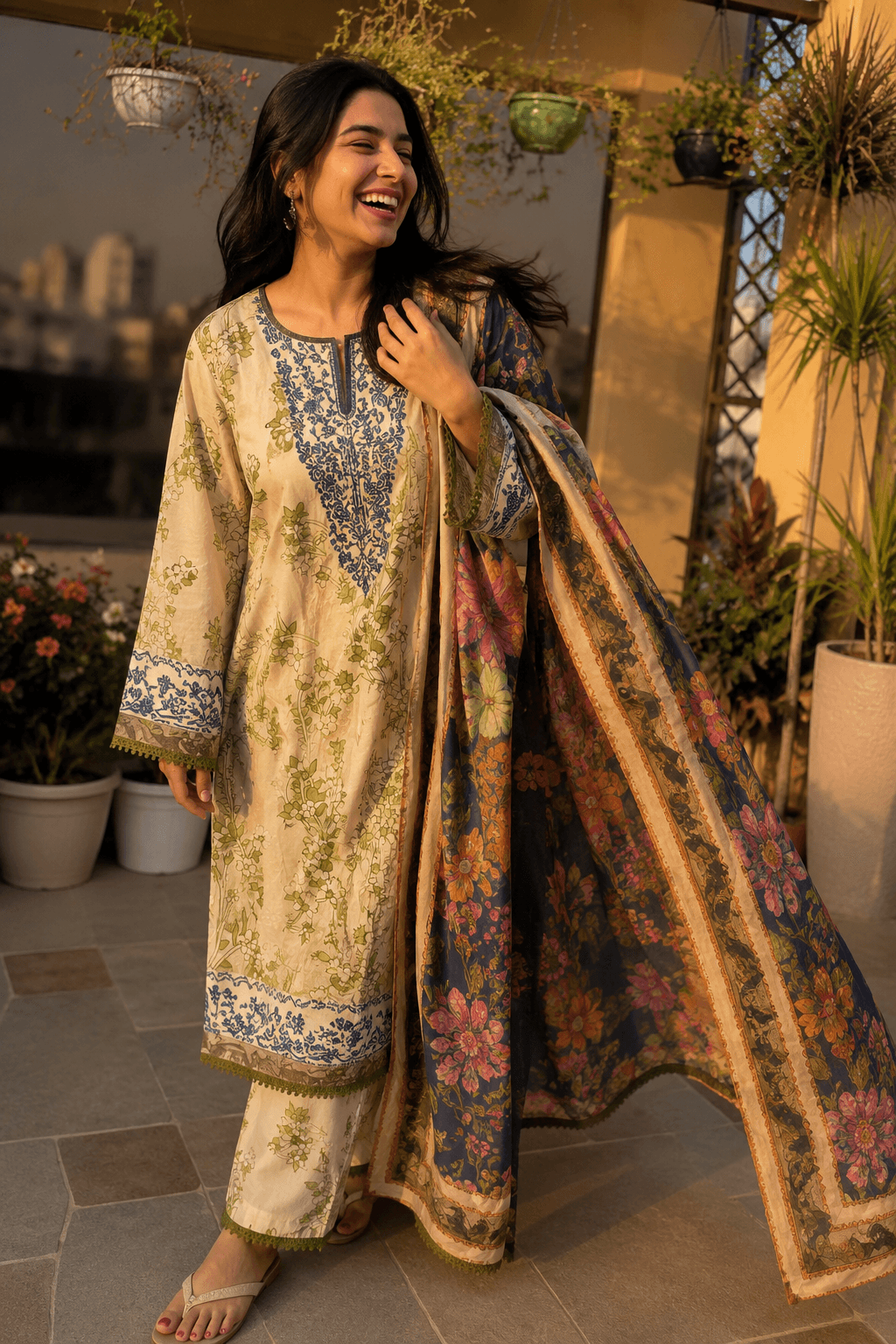 Cream Sage Floral Mul Cotton Suit with Black Dupatta | 3-Piece