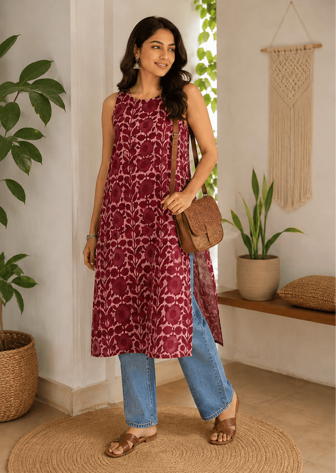 Hand-Dyed Batik Rose Floral Kurta – Pure Cotton