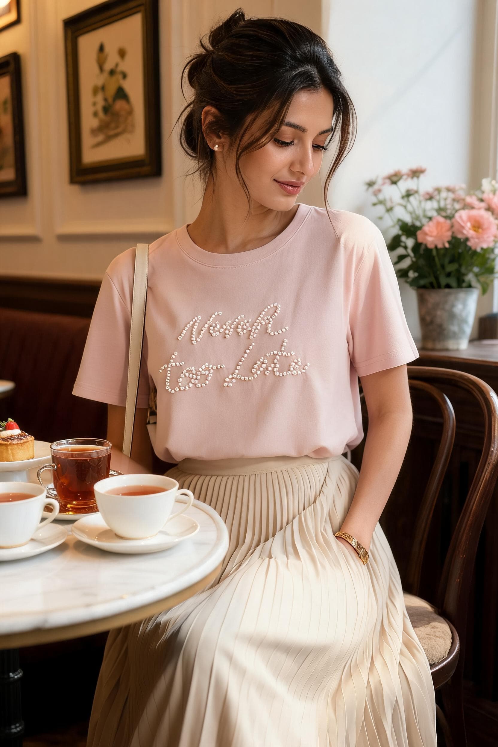 Odette Pearl Embellished Graphic T-Shirt – Blush Pink