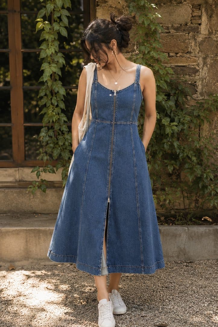 Zip-Front Denim A-Line Midi Dress with Corset Seaming