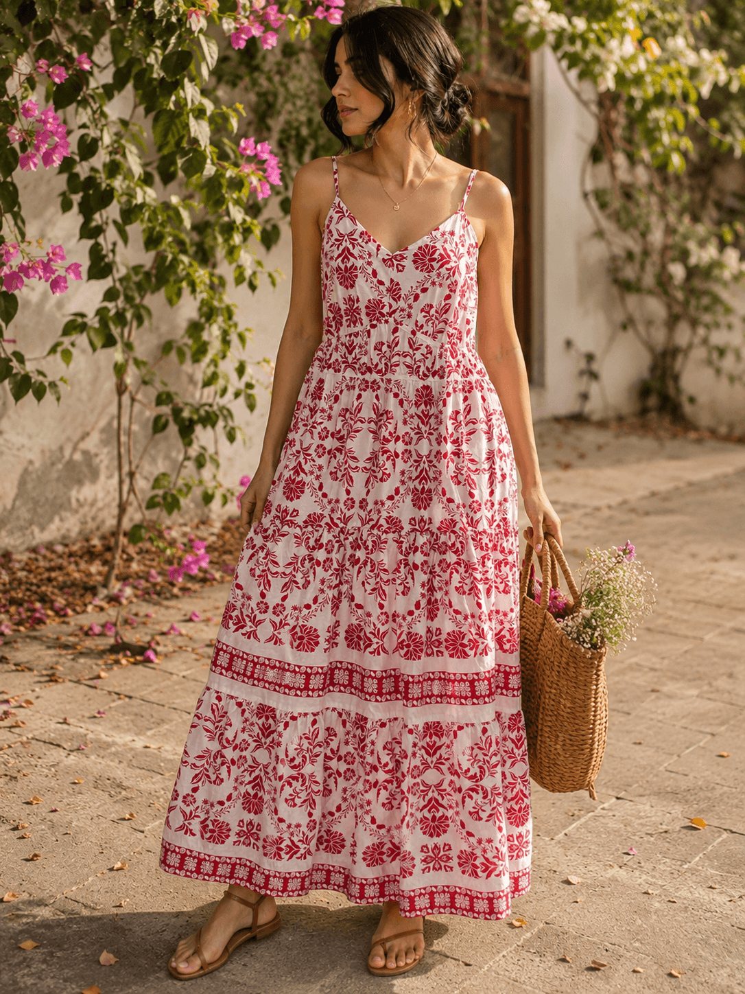 Red & White Floral Print Tiered Maxi Dress