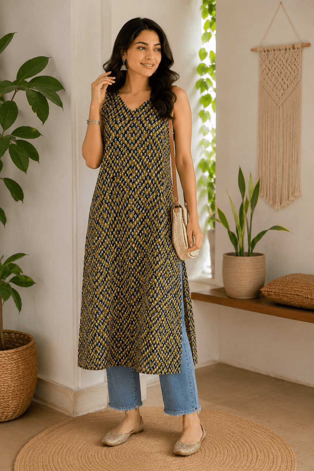 Indigo & Green Ikat Chevron Kurta- Pure Cotton