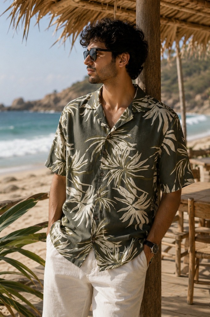 People Tropical Olive Palm Print Resort Shirt