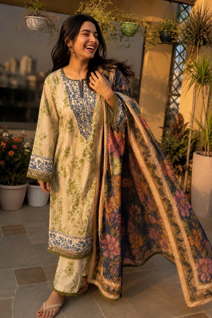 Cream Sage Floral Mul Cotton Suit with Black Dupatta